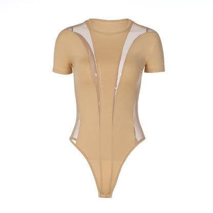 Mesh Stitching Body Shaping Round Neck Short Sleeve Rompers