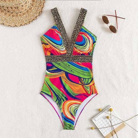 Women's Fashion Deep V Spaghetti Straps One-piece Swimsuit Ocean Vault