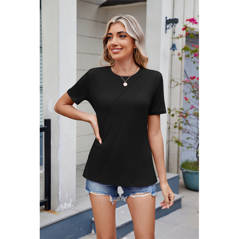 Women's Pleated Blouse - Short Sleeve Crew Neck Top Business Casual Loose Fit Shirt