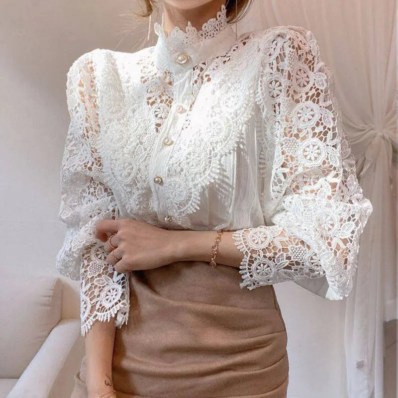 Elegant Women's Vintage Pearl Button Lace Blouse - Puff Sleeve Semi-Sheer Ruffled Stand Collar Shirt Spring&Summer Office & Vacation Top - Ocean Vault