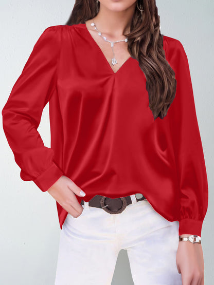 Satin Pleated Long-sleeved Top V-neck Casual Loose Shirt