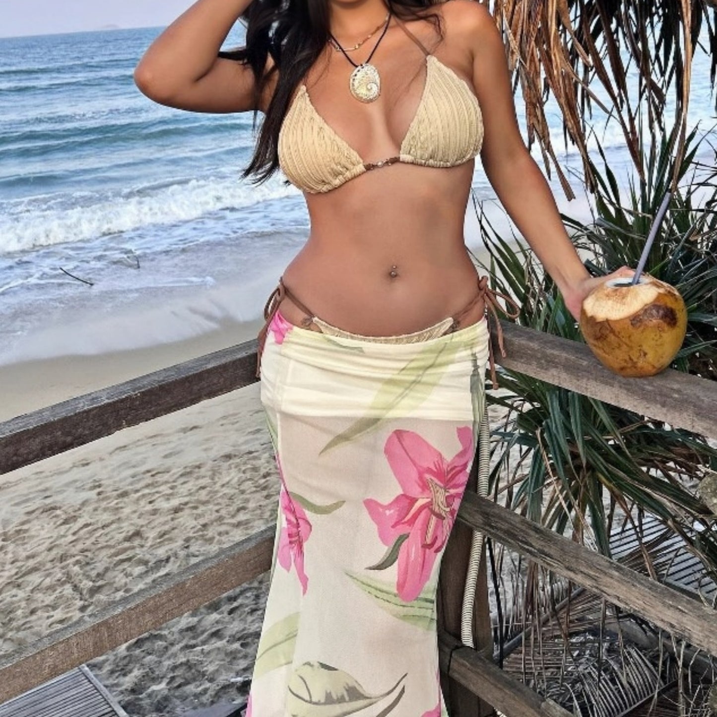 Dopamine Beach Vacation Pure Desire Style Printed Mesh Sheath Skirt