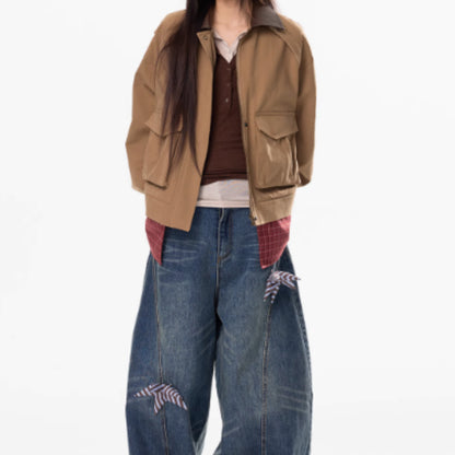 Washing Curved Knife Straight Leg Wide Leg Workwear Jeans For Women