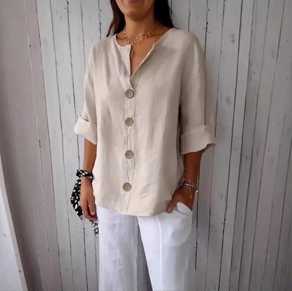 Summer New Loose T-shirt Women's V-neck Solid Color Button Three-quarters Sleeve Top