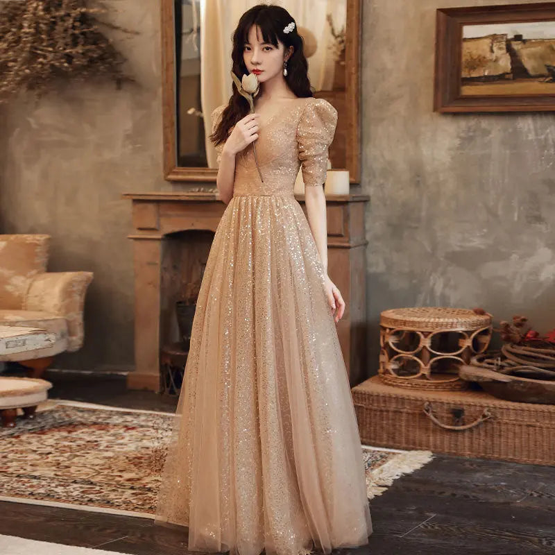 New Champagne V-neck Sequined Atmosphere Dress For Women - Ocean Vault