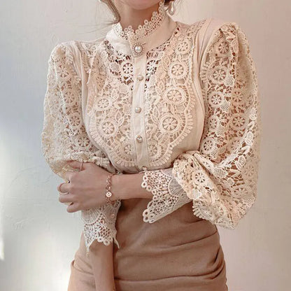 Elegant Women's Vintage Pearl Button Lace Blouse - Puff Sleeve Semi-Sheer Ruffled Stand Collar Shirt Spring&Summer Office & Vacation Top - Ocean Vault