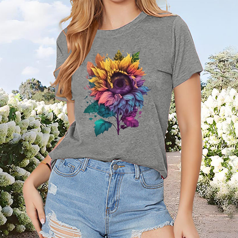 Women's Short Sleeve Round Neck T-Shirt - Colorful Sunflower Print Summer Casual Top