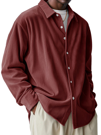 Men's Loose Trendy Long Sleeve Solid Color Polo Collar Shirt