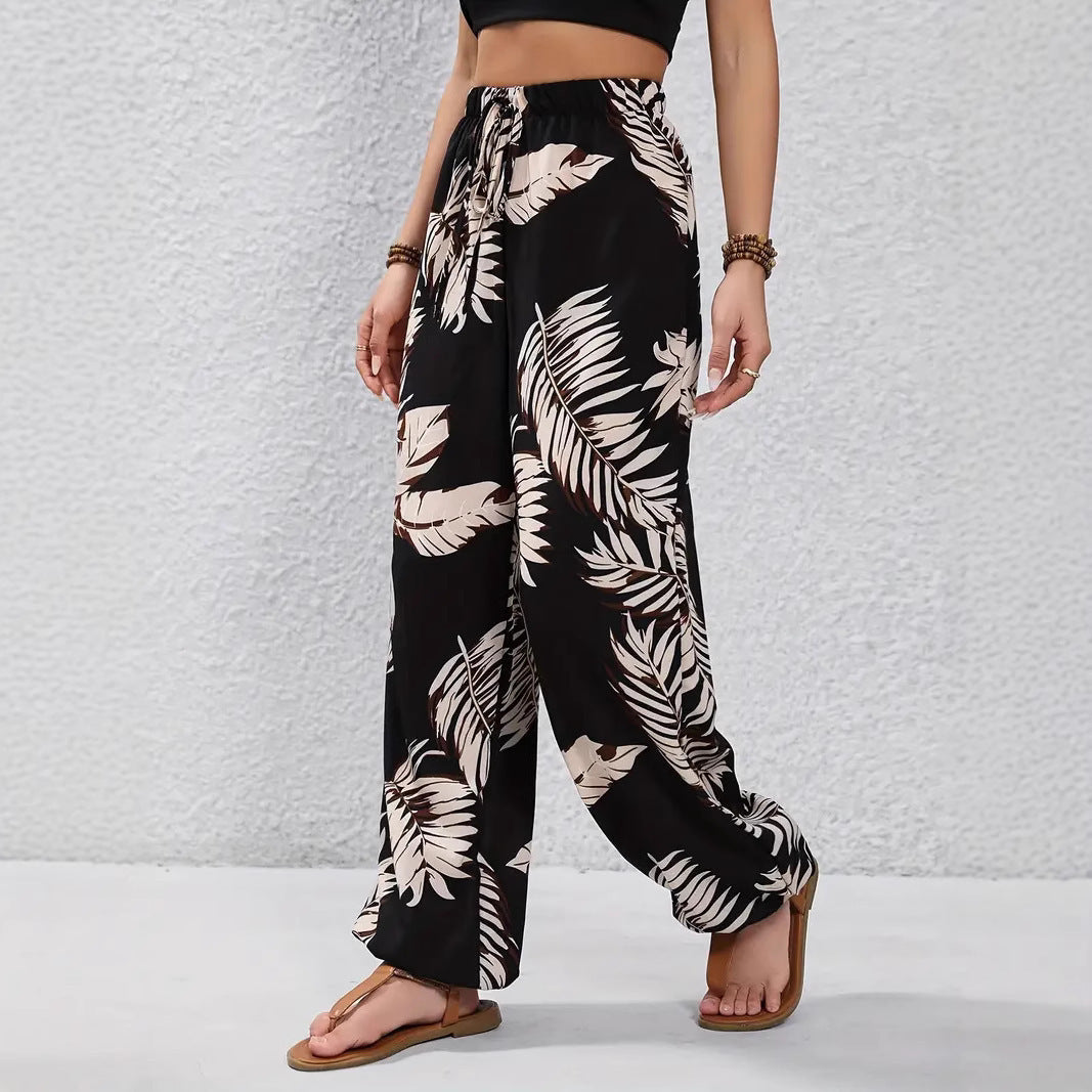 Leaf Pattern Waist Thin Belt Comfortable Casual Pants Trousers