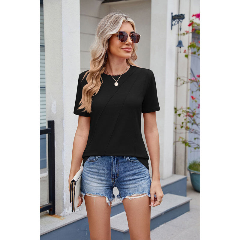 Women's Pleated Blouse - Short Sleeve Crew Neck Top Business Casual Loose Fit Shirt