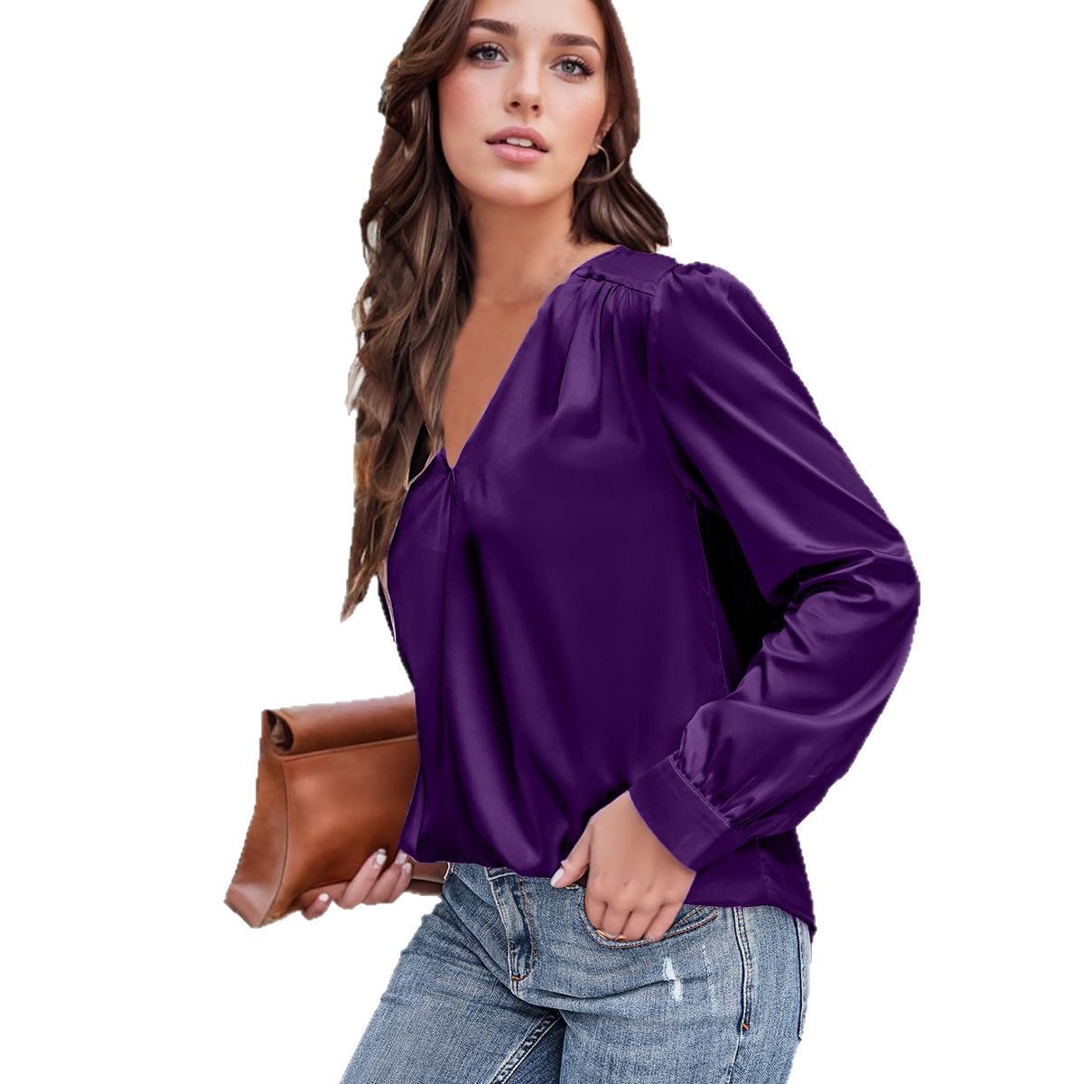 Satin Pleated Long-sleeved Top V-neck Casual Loose Shirt