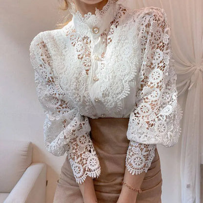 Elegant Women's Vintage Pearl Button Lace Blouse - Puff Sleeve Semi-Sheer Ruffled Stand Collar Shirt Spring&Summer Office & Vacation Top - Ocean Vault
