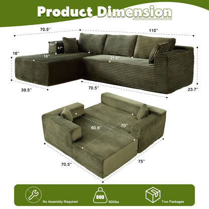 L-Shaped Compression Sofa Bed With Corduroy Fabric - Convertible Sectional Sofa, Foldable Floor Couch Sleeper, Space-Saving Flannel-Like Lounge For Small Apartments, Living Room & Game Room NO TUME