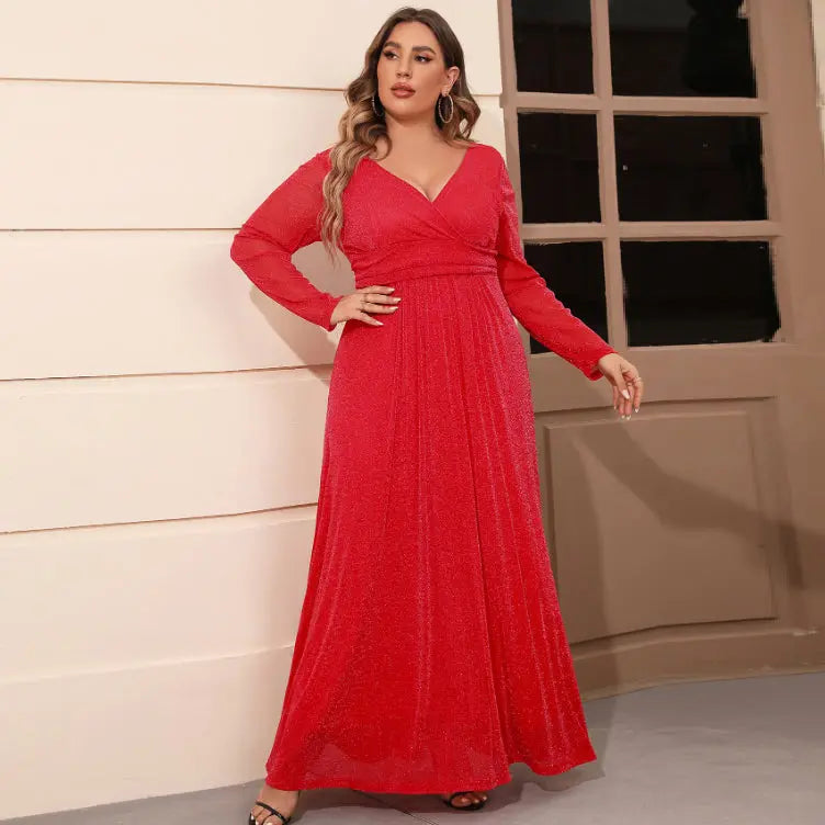 European And American V-neck Long Sleeve Mesh Dress - Ocean Vault