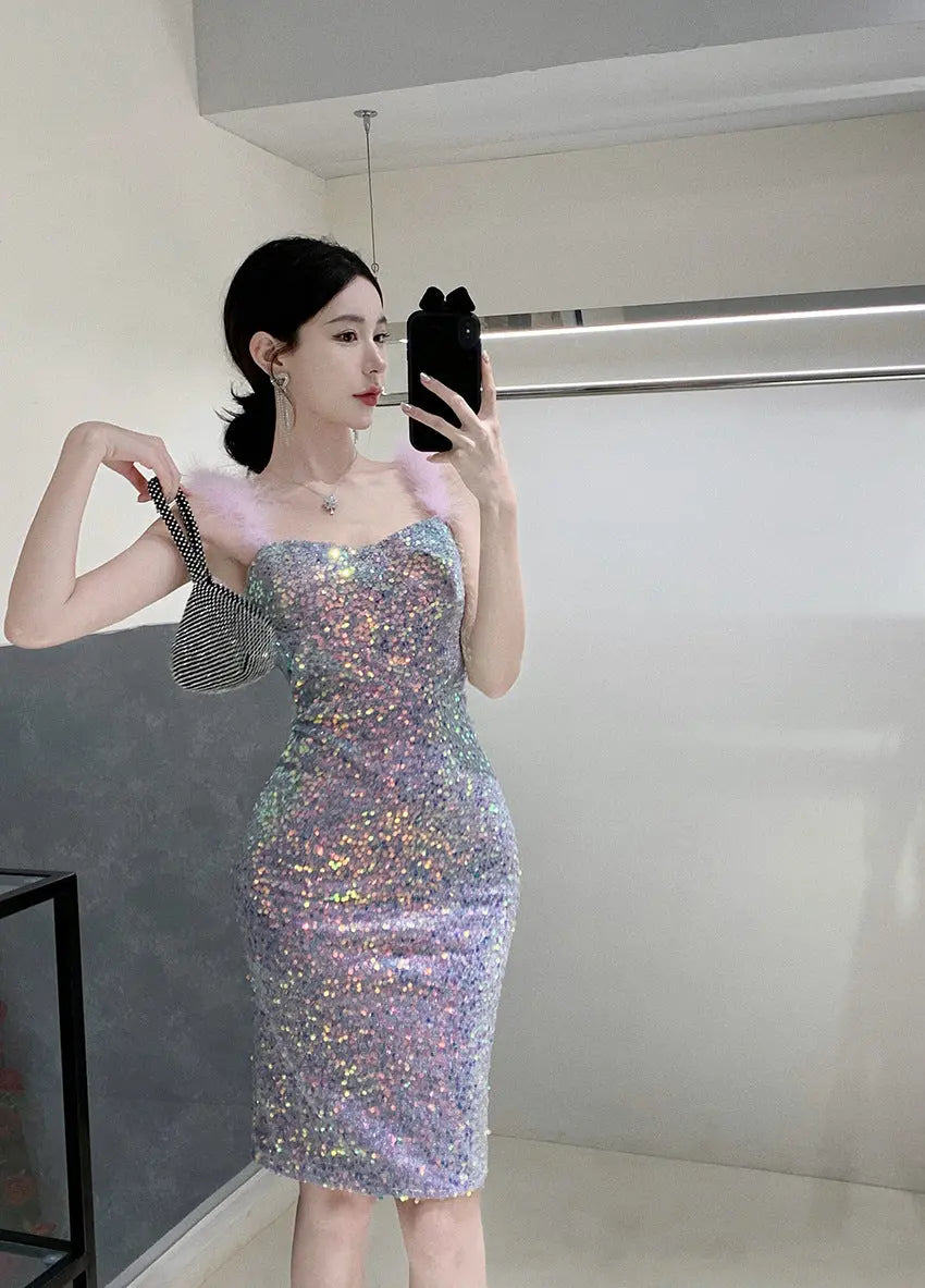 Elegant Shoulder-baring One-word Socialite Gathering Dress - Ocean Vault