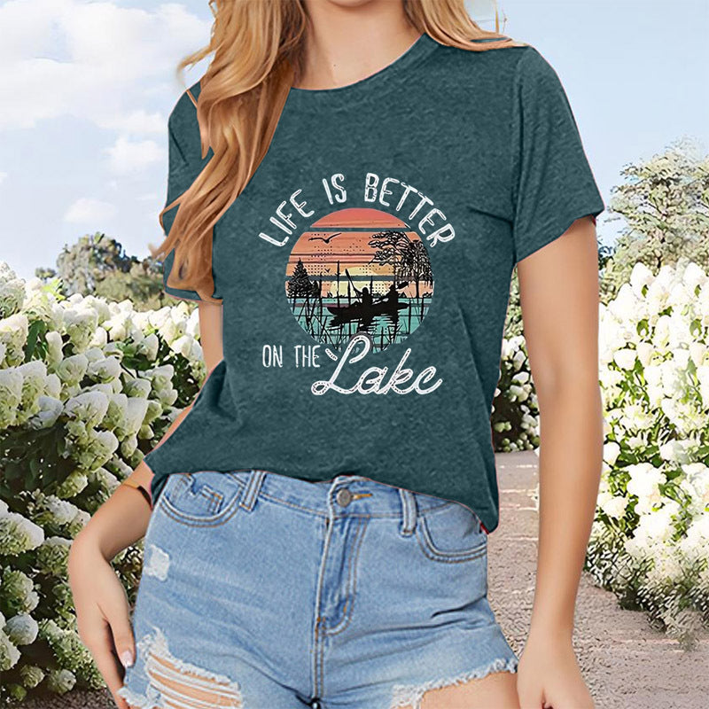 Women's Lakeside Rowing Scene Print Short Sleeve T-Shirt Casual Crew Neck Summer Top