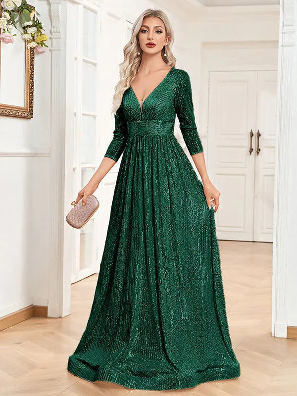 Sequined Fall V-neck High Waist Party Formal Dress - Ocean Vault