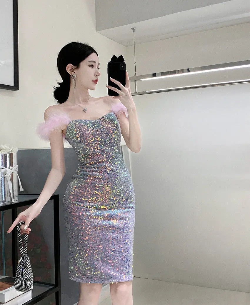 Elegant Shoulder-baring One-word Socialite Gathering Dress - Ocean Vault