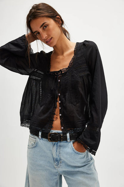 Lace U-shaped Lace Collar Long Sleeve Light Shirt