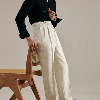 Linen Double Pleated Trousers Straight Leg For Men
