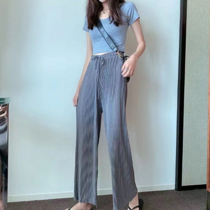 Loose Straight Pleated Ice Silk Leggings Draped Pants Thin High Waist