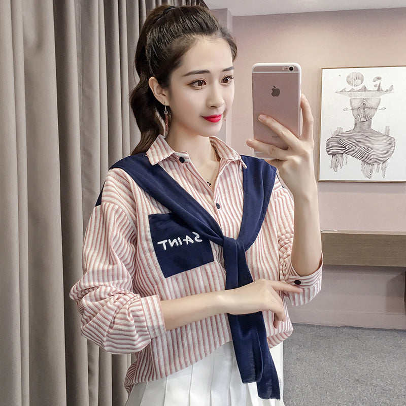 Shawl Stitching Fake Two Striped Long-sleeved Shirts