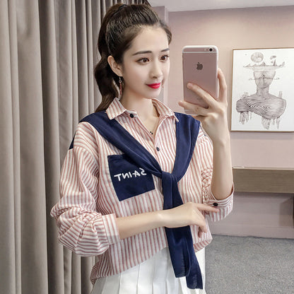 Shawl Stitching Fake Two Striped Long-sleeved Shirts