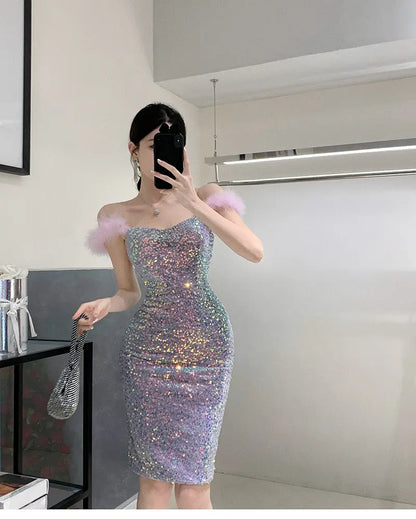 Elegant Shoulder-baring One-word Socialite Gathering Dress - Ocean Vault