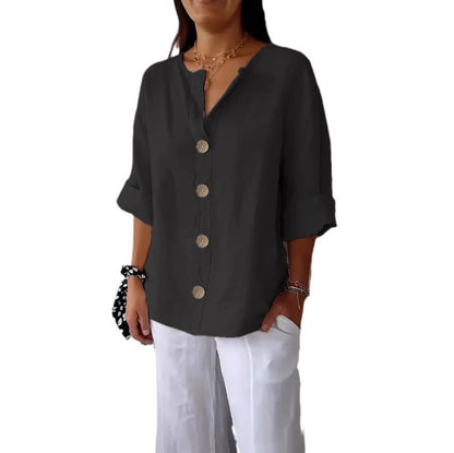 Summer New Loose T-shirt Women's V-neck Solid Color Button Three-quarters Sleeve Top