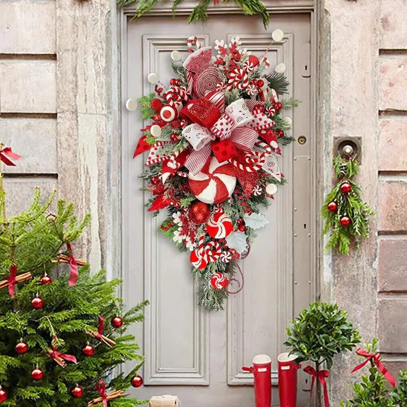 Christmas Wreath Candy Upside Down Tree Garland Artificial Xmas Ornament Hpme Porch Window Door Wall Hanging Decoration - Ocean Vault