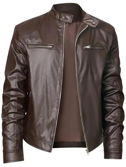Men's Stand-up Collar Slim Fit Leather Jacket Zipper Pocket Decoration