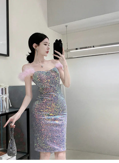 Elegant Shoulder-baring One-word Socialite Gathering Dress - Ocean Vault