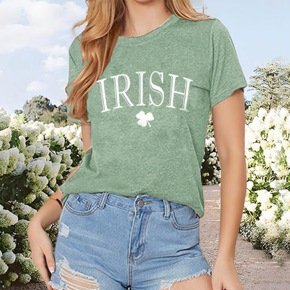 Women's Clover Print T-Shirt Breathable Summer Tee With Letter Design Casual Loose Fit Short Sleeve Top