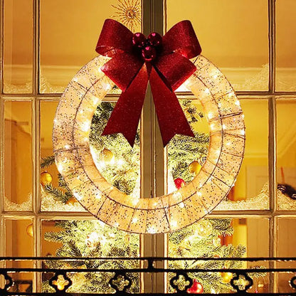 Christmas Garland 50CM Luminous LED Warm Light Metal Luminous Wreath With Big Bowknot Christmas Front Door Home Holiday Party Door Hanging Decor - Ocean Vault