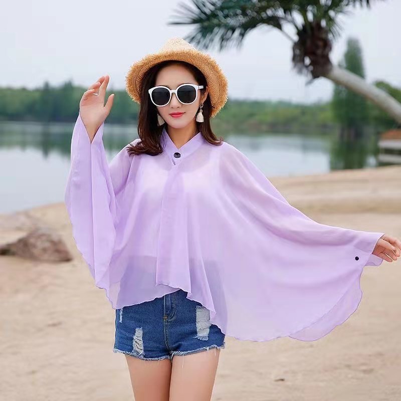 Solid Color Ventilation Shawl Button Chiffon Sunscreen Women's Fashion