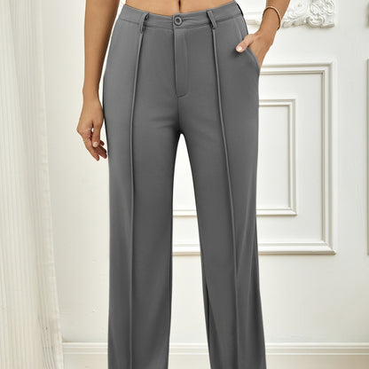 Ladies' Solid Color Pocket Versatile Commuting Waist Cinching Loose Straight Leg Wide Leg Pants