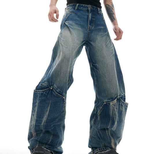 Men's Retro Washed Burst Pattern Curved Knife Jeans