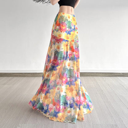 Island Oil Painting Style Blooming Printed Mesh Skirt
