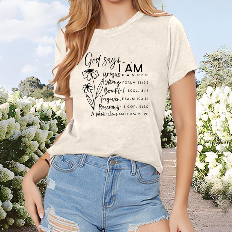 Women's Floral & Letter Print Round Neck T-Shirt Casual Short Sleeve Summer Top
