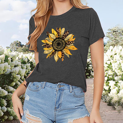 Women's Sunflower Print T Shirt Crew Neck Casual Short Sleeve Top Summer Fashion