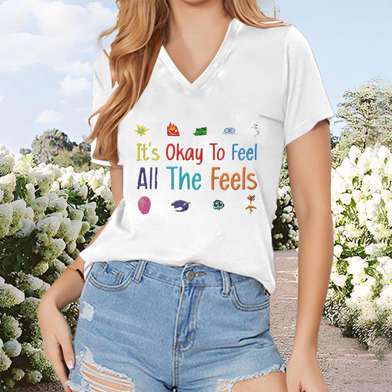 Women's V-Neck Colorful Letter Slogan T-Shirt Casual Short Sleeve Summer Top
