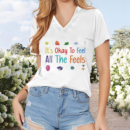 Women's V-Neck Colorful Letter Slogan T-Shirt Casual Short Sleeve Summer Top