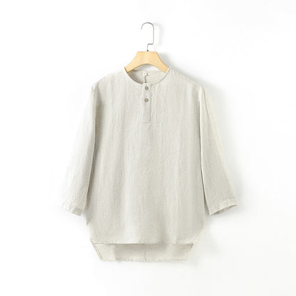 Casual Linen Men's Simple Round Neck 34 Sleeves Linen T-shirt Loose Breathable Top