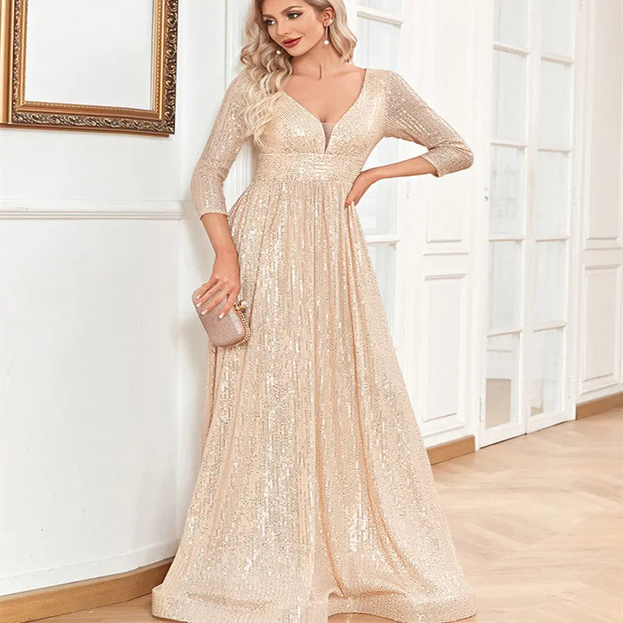Sequined Fall V-neck High Waist Party Formal Dress - Ocean Vault