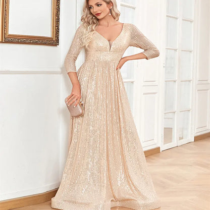 Sequined Fall V-neck High Waist Party Formal Dress - Ocean Vault