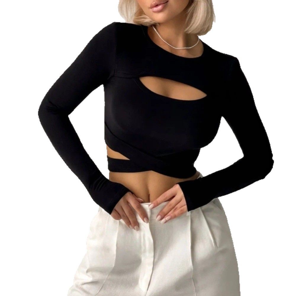 Women's Slim Fit Crop-top Short Top Hollow Out Strap Round Neck T-shirt