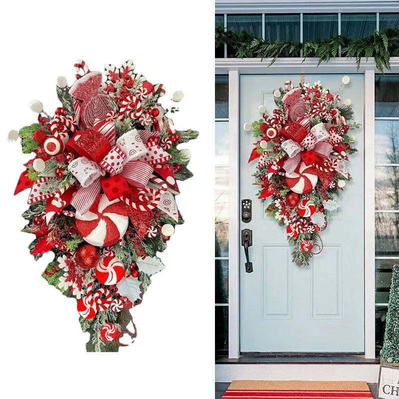 Christmas Wreath Candy Upside Down Tree Garland Artificial Xmas Ornament Hpme Porch Window Door Wall Hanging Decoration - Ocean Vault