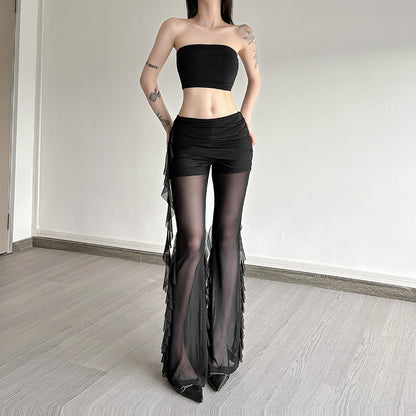 Fashion Women's Wear Ruffled Pleated Mesh Stitching See-through Casual Pants