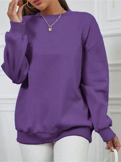 Fleece-lined Thick Round Neck Loose-fitting Solid Color Long Sleeves Sweater