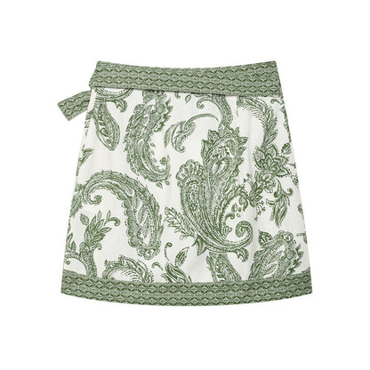 American Style Lace-up Bow Decorative Printed Sarong Skirt
